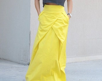 Yellow Maxi Skirt with Pockets, Full Length and High Waisted Bohemian Skirt for Party