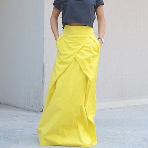 Yellow Maxi Skirt with Pockets, Full Length and High Waisted Bohemian Skirt for Party