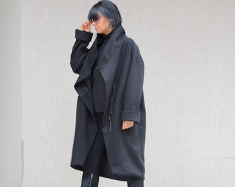 Black Maxi Coat: Asymmetric Winter Wrap with Pockets