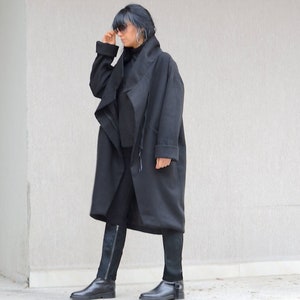 Black Warm Winter Coat with Front Open Zipper, Asymmetric Maxi Coat for Ladies with Pockets