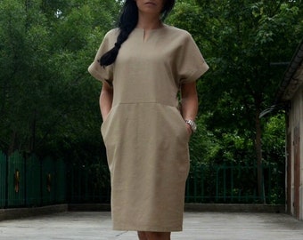Cotton Linen Kaftan Maxi Dress: Boho Travel Dress with Pockets