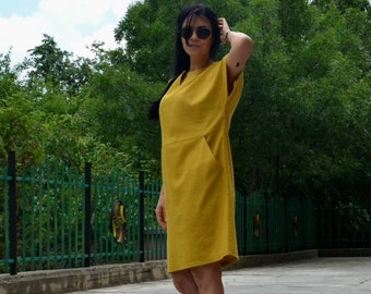 Mustard Yellow Linen Dresses with Pockets, Midi Ankara Dress with Short Sleeves