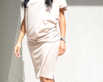 Ivory Knee Length Tunic Dress, Plus Size Short Sleeves Casual Top by Kotytostylelab Clothing