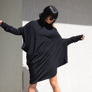 Loose Fitting Batwing Dress, Asymmetric Cold Shoulder Tunic by Kotyto Clothing