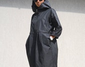 Evening Women Waterproof Jacket with Hood, Black Plus Size Swing Coat with Pockets, Zipped Oversize Winter Coat, Trending Plus Size Clothing