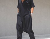 Maxi Black Jumpsuit with Short Sleeves, Two Sided Large Size Everyday Overall, Open Back Black Harem Overall with V Neck Drop Crotch Women