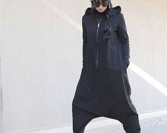 black jumpsuit with hood