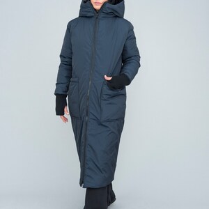 Long puffer coat, hood, dark blue color. Oversized fit, two way zipper, for daily activities, excellent gift for her, casual wear image 1