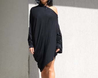 Asymmetric Cold Shoulder Tunic with Bat Sleeves,  Black Short  Maxi Tunic, Cotton of Shoulder Short Dress,  Dolman Sleeve Loose Fitting Top