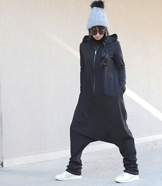 One Piece Woman Suit Loose Sexy Jumpsuit With Hood Plus Size Overall With Long Sleeves Style Cotton Low Crotch Suit Slouchy Long Overall