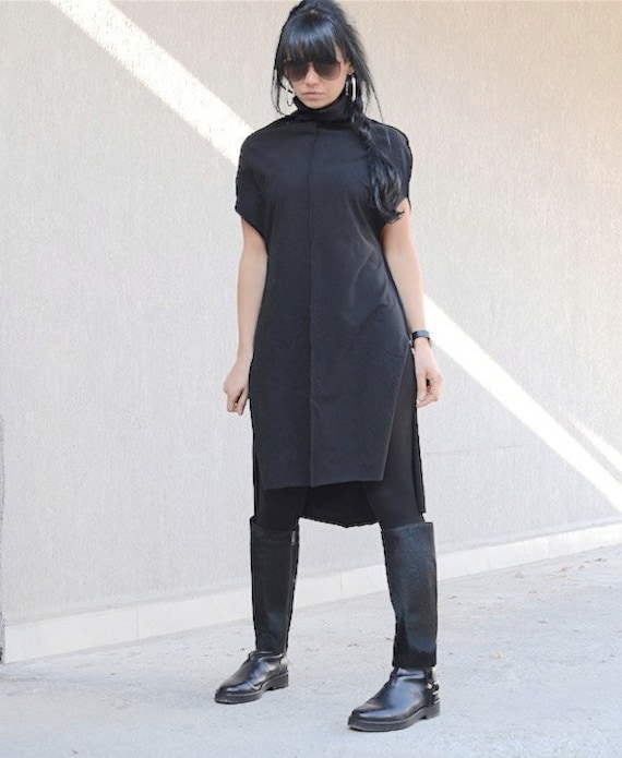 Mid Knee Length Dress, Asymmetrical High Neck Dress by Kotyto Clothing -   Australia
