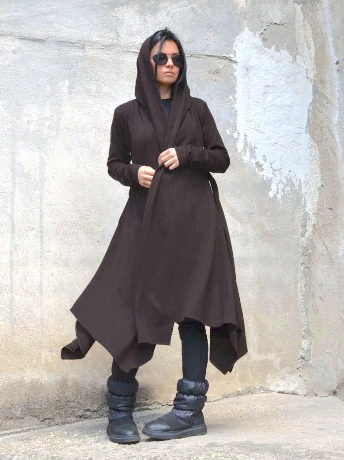 Women's Solid Hooded Lace-up Long Cape Extended Cape Jacket Womens