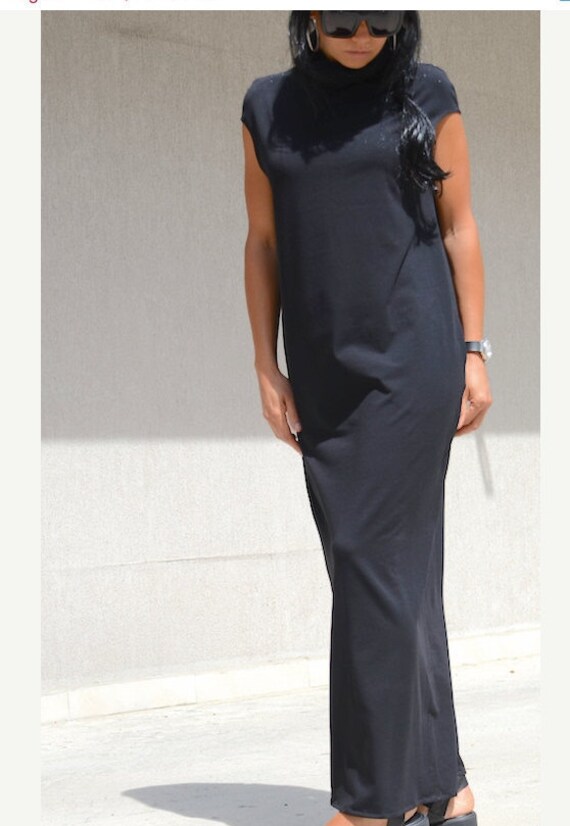 Bodycon High Neck Black Dress Pencil Floor Length Pocket Etsy