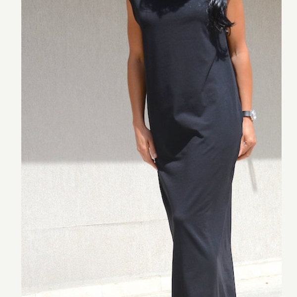 Bodycon High Neck Black Dress, Pencil Floor Length Pocket Dress by Kotytostylelab Clothing