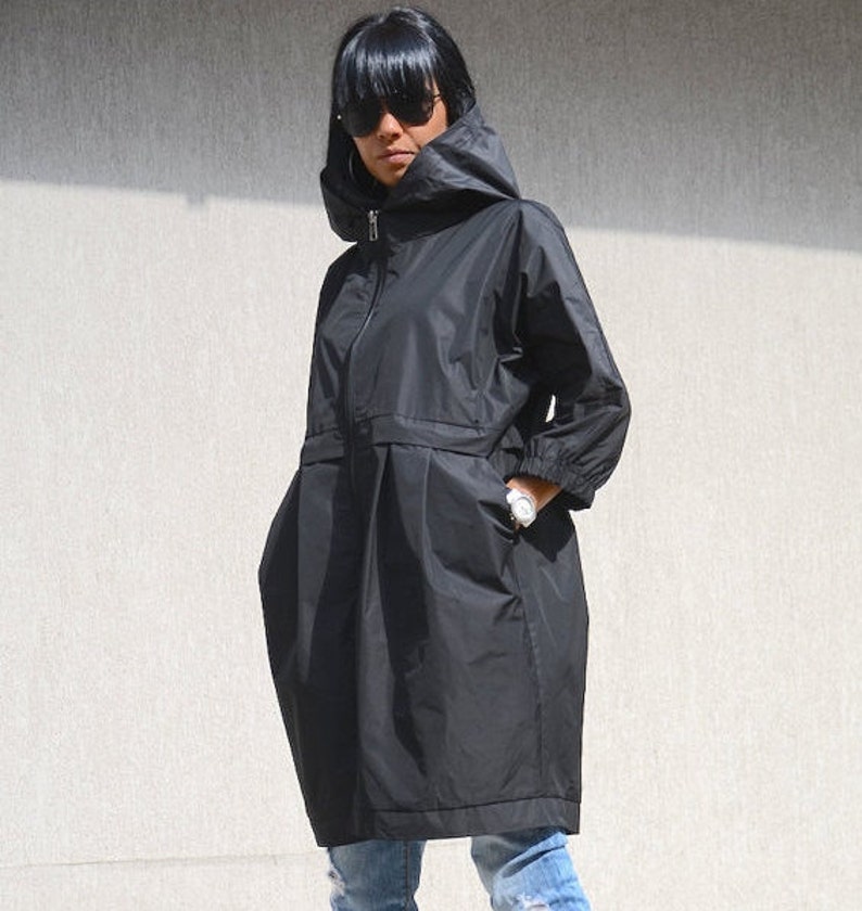 Evening Women Waterproof Jacket With Hood Black Plus Size Swing Coat With Pockets Zipped Oversize Winter Coat Trending Plus Size Clothing