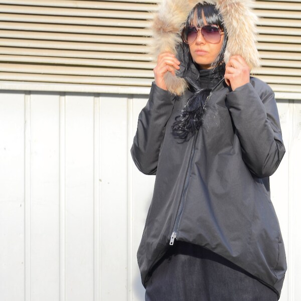 Hooded Jacket Women with High Neck, Oversized Padded Black Puffer Jacket with Fur