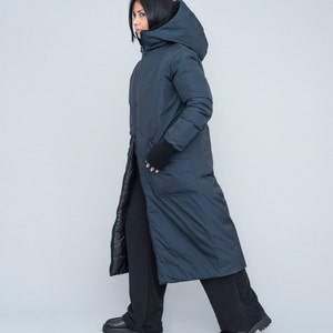 Long puffer coat, hood, dark blue color. Oversized fit, two way zipper, for daily activities, excellent gift for her, casual wear image 6