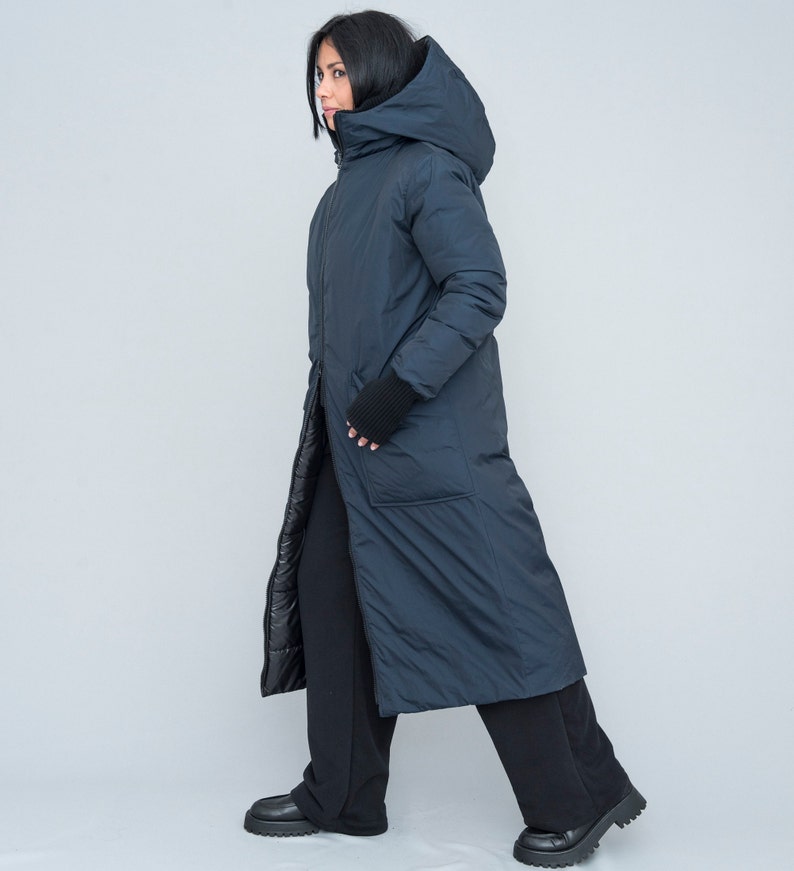 Long puffer coat, hood, dark blue color. Oversized fit, two way zipper, for daily activities, excellent gift for her, casual wear image 6