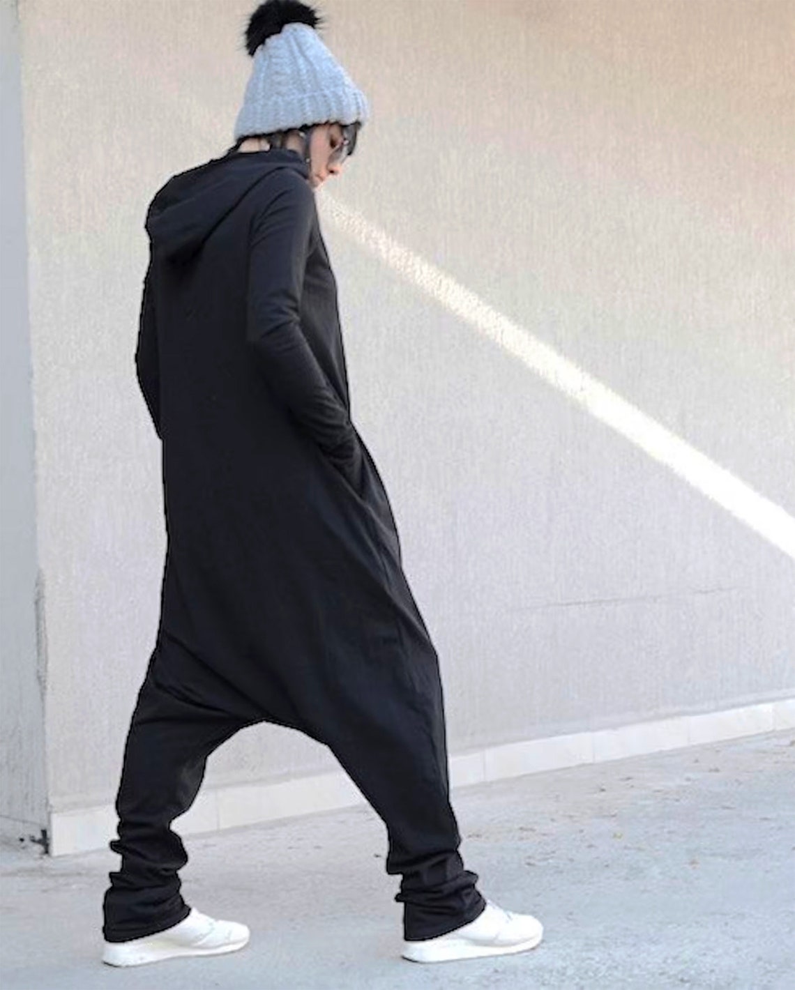 Black Cotton Harem Jumpsuit With Hood Long Sleeves Overall Etsy