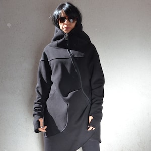 Fleece Cotton Warm Top, Extravagant Maxi Asymmetric Hoodie by Kotyto