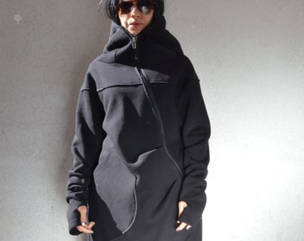 Fleece Cotton Warm Top, Extravagant Maxi Asymmetric Hoodie by Kotyto