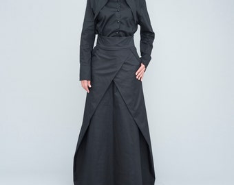 Schwarzer Maxi Rock: Hoch taillierte Baumwolle Avantgarde Mode