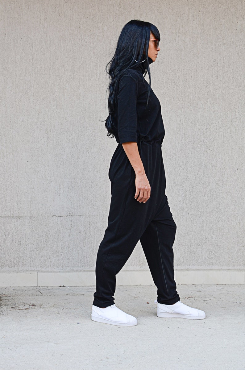 Black Loose Romper with High Neck and Raglan Sleeves Maxi Floor Length Romper Wed Leg Harem Overall Oversize Comfortable Loose Fit Romper