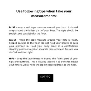 May include: A white text graphic on a white background with black text outlining the text. The graphic provides instructions on how to take body measurements for clothing. The text includes the words "Bust", "Waist", and "Hips".