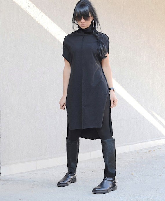 Black Asymmetrical Dress With Short Sleeves Cowl Neck Dress | Etsy
