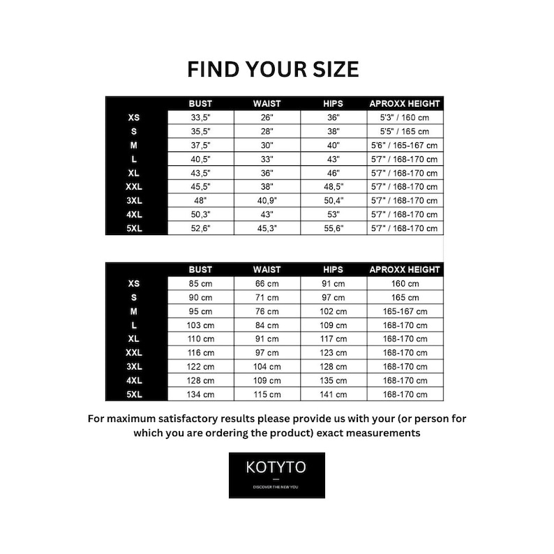 May include: Size chart for clothing with bust, waist, hip, and approximate height measurements in inches and centimeters. The chart includes sizes XS through 5XL.
