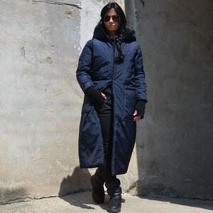 Long puffer coat, hood, dark blue color. Oversized fit, two way zipper, for daily activities, excellent gift for her, casual wear image 2