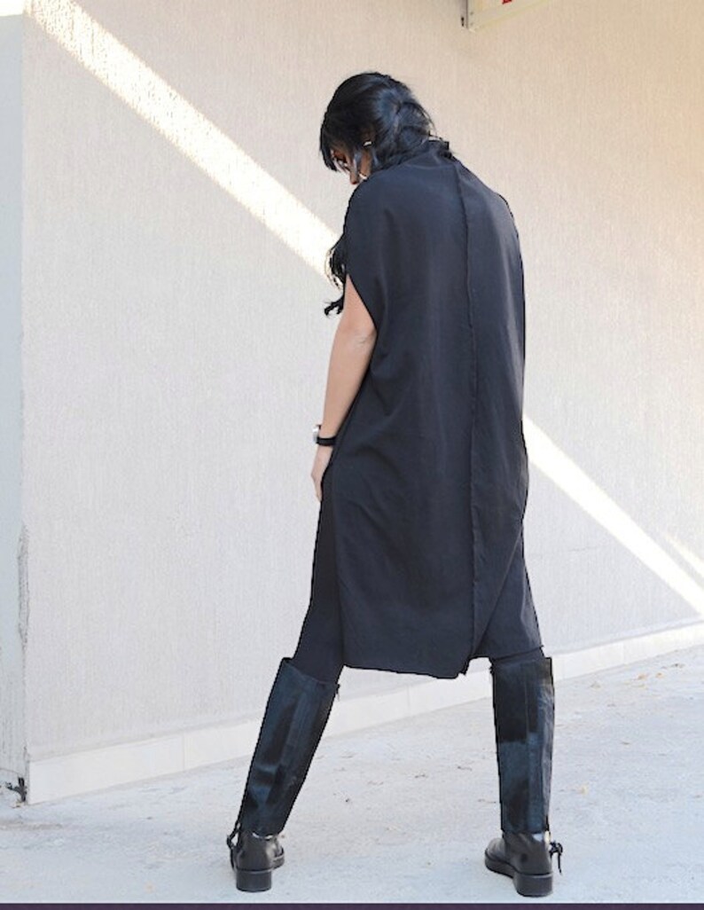 Black Asymmetrical Dress With Short Sleeves Cowl Neck Dress Etsy