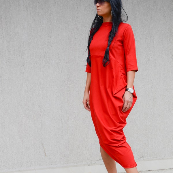 Plus Size Asymmetrical Boho Dress, Red Custom Made Dress by Kotytostylelab Clothing