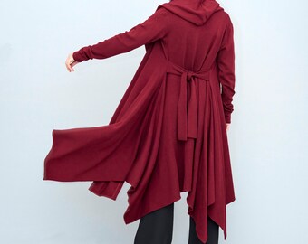 Maxi Red Renaissance Cloak with Hood, Knit Druid Cloak for Plus Size Women with Long Sleeves