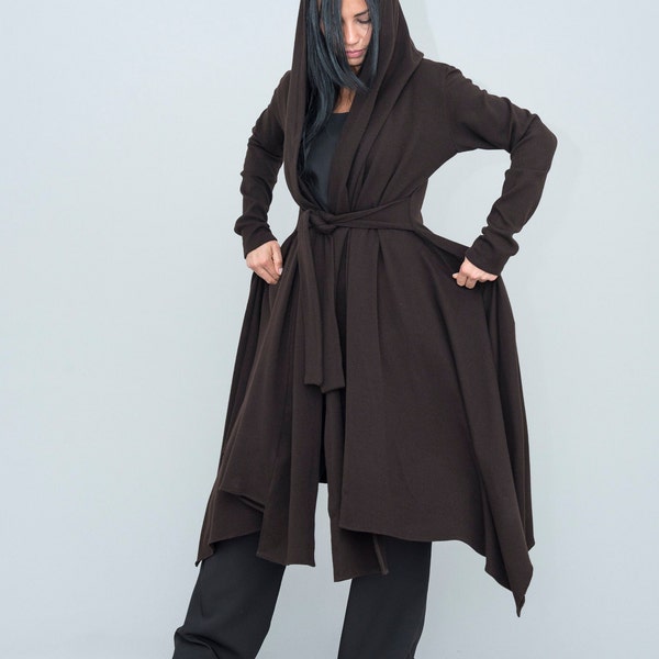 Dark Brown Plus Size Fantasy Cloak with Long Sleeves, Maxi Long Witch Cloak with Hood