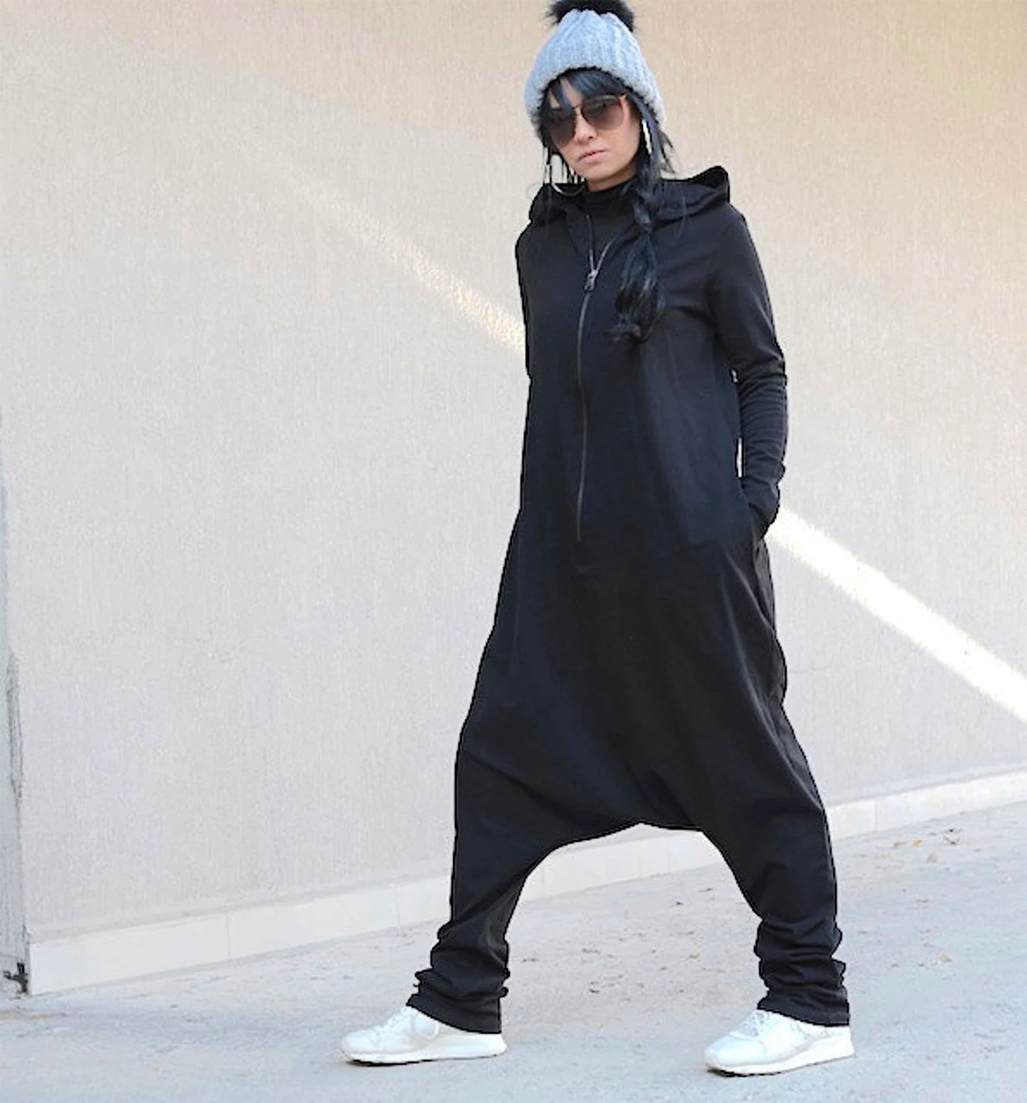 Black Cotton Harem Jumpsuit With Hood Long Sleeves Overall - Etsy UK