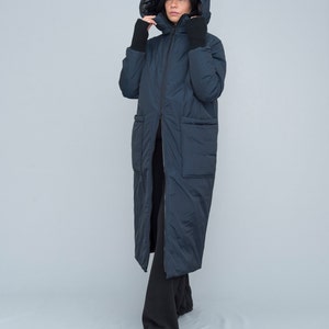 Long puffer coat, hood, dark blue color. Oversized fit, two way zipper, for daily activities, excellent gift for her, casual wear image 4