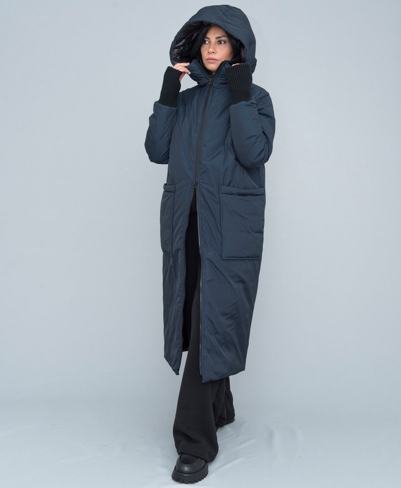 Long puffer coat, hood, dark blue color. Oversized fit, two way zipper, for daily activities, excellent gift for her, casual wear image 4