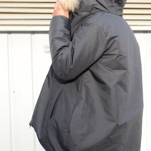 Oversized Padded Black Puffer Jacket with Fur, Hooded Jacket Women with High Neck