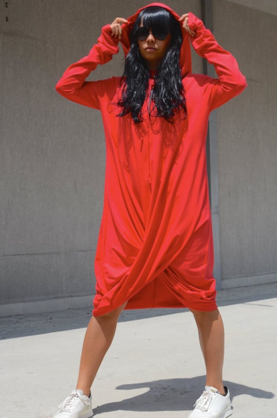 Red Long Sleeves Hooded Dress 