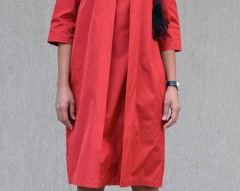 Red Fashion Midi Elbow Sleeve Evening Dress, Red Mid Knee Maxi Dress, Oversize Comfy Tunic Dress, Red Loose Short Tunic Elegant Summer Dress