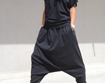 Pantalones harén de algodón negro de talla grande: pantalones paracaídas bohemios y góticos