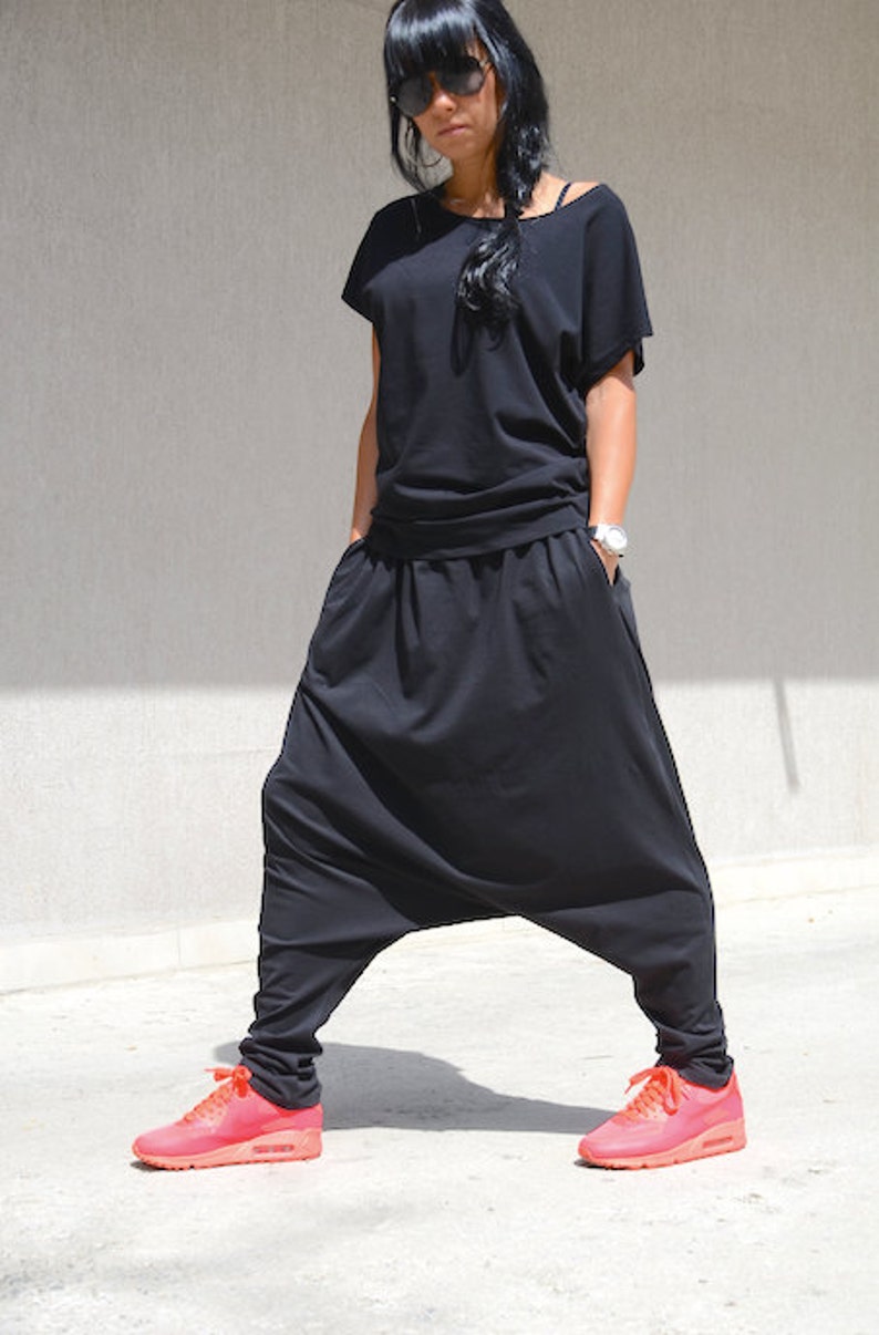 Womens Cotton Harem Pants Black Oversize Pant Loose Boho Etsy