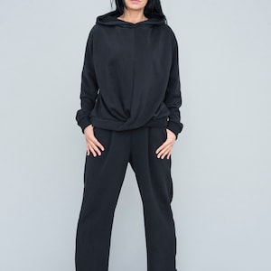 Asymmetric Black Cotton Set: Women&#39;s Harem Pants, Plus Size Clothing