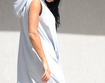 Cream Loose Fitting Dress with Hood, Draped Knee Length Dress by Kotyto