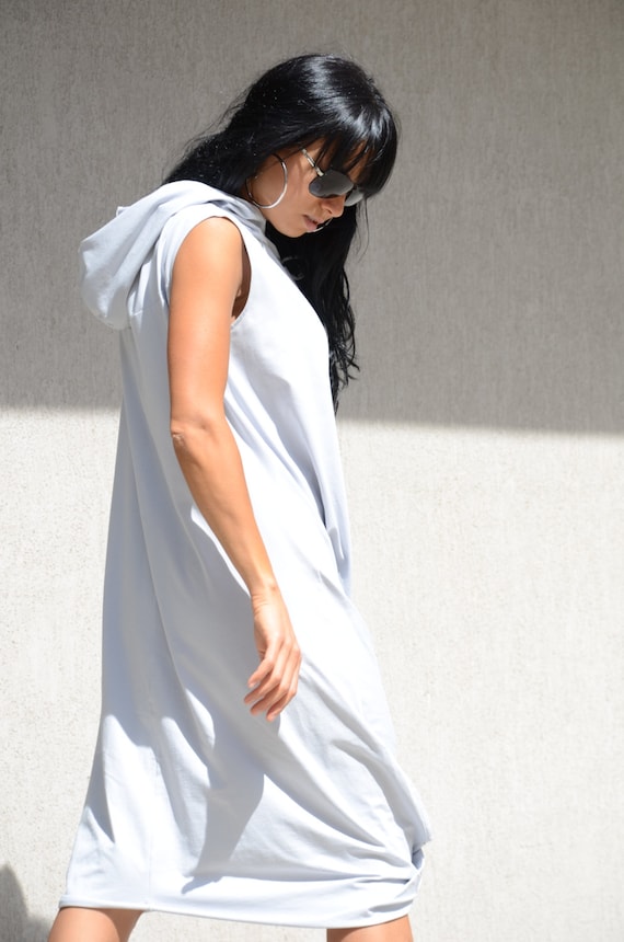 Cream Loose Fitting Dress with Hood, Draped Knee Length Dress by Kotyto
