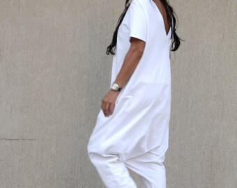 Sleeveless Drop Crotch Jumpsuit, Long White Jumpsuit for Plus Size by Kotyto Clothing