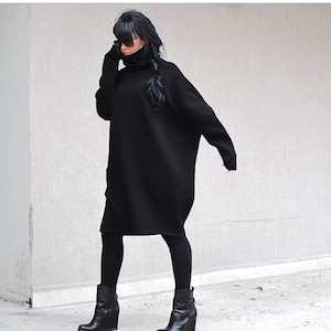 Black Sweater Dress, Extra Long Sleeves Blouse by Kotyto Clothing