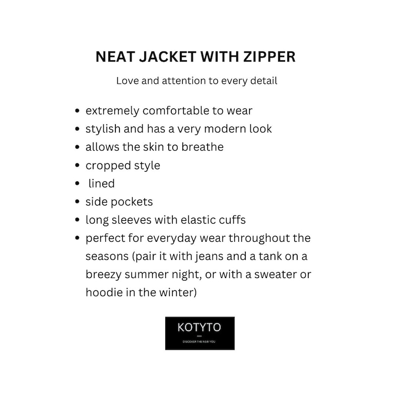 May include: A black and white text description of a jacket with a zipper. The text highlights the features of the jacket, such as its comfort, style, and versatility. The text also mentions that the jacket is lined and has side pockets.