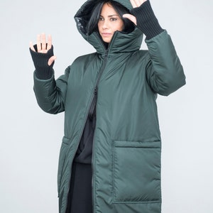Long puffer coat, hood, dark blue color. Oversized fit, two way zipper, for daily activities, excellent gift for her, casual wear image 9